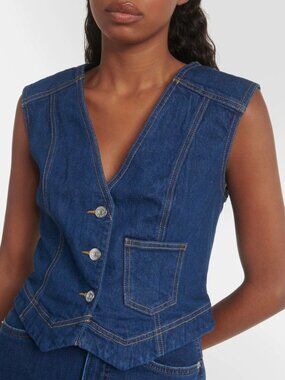 Veronica Beard Valeria Denim Vest Blue V Neck Crop Silver Branded Buttons Size M